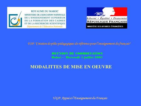 MINISTÈRE DES AFFAIRES ÉTRANGÈRES UGP: Appui à lEnseignement du Français FSP: Création de pôles pédagogiques de référence pour lenseignement du français