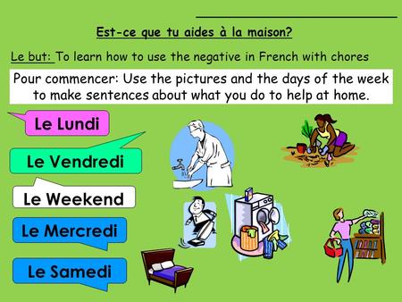 Est-ce que tu aides à la maison? Le Lundi Le Vendredi Le Mercredi Le Weekend Le but: To learn how to use the negative in French with chores ________________________.