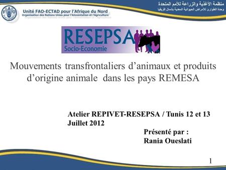 Mouvements transfrontaliers danimaux et produits dorigine animale dans les pays REMESA Atelier REPIVET-RESEPSA / Tunis 12 et 13 Juillet 2012 Présenté par.