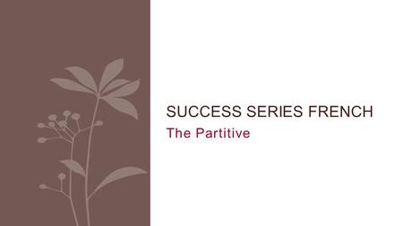 The Partitive SUCCESS SERIES FRENCH. The partitive It is the expression of quantity Part of vs. the whole item Review contractions with DE.