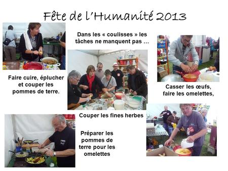 Fête de lHumanité 2013 Dans les « coulisses » les tâches ne manquent pas … Faire cuire, éplucher et couper les pommes de terre. Préparer les pommes de.