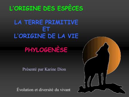 L’ORIGINE DES ESPÈCES LA TERRE PRIMITIVE ET L’ORIGINE DE LA VIE PHYLOGENÈSE Présenté par Karine Dion Évolution et diversité du vivant.