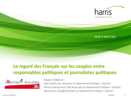Le regard des Français sur les couples entre responsables politiques et journalistes politiques Rapport rédigé par : Jean-Daniel Lévy, Directeur du Département.