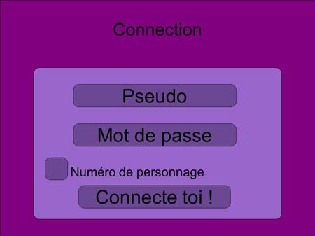 Connection Pseudo Mot de passe Connecte toi ! Numéro de personnage.