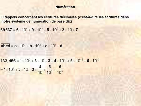 Numération I Rappels concernant les écritures décimales (c’est-à-dire les écritures dans notre système de numération de base dix)