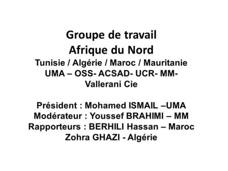 Groupe de travail Afrique du Nord Tunisie / Algérie / Maroc / Mauritanie UMA – OSS- ACSAD- UCR- MM- Vallerani Cie Président : Mohamed ISMAIL –UMA Modérateur.