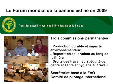 Le Forum mondial de la banane est né en 2009 Trois commissions permanentes : Production durable et impacts environnementaux Répartition de la valeur au.