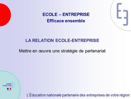 LÉducation nationale partenaire des entreprises de votre région ECOLE – ENTREPRISE Efficace ensemble LA RELATION ECOLE-ENTREPRISE Mettre en œuvre une stratégie.