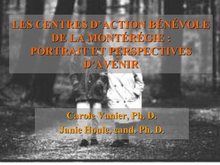 LES CENTRES DACTION BÉNÉVOLE DE LA MONTÉRÉGIE : PORTRAIT ET PERSPECTIVES DAVENIR Carole Vanier, Ph. D. Janie Houle, cand. Ph. D.