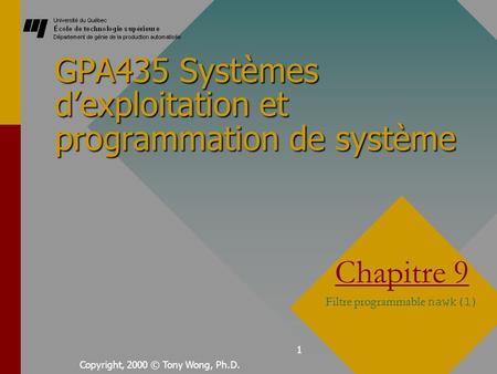 1 GPA435 Systèmes dexploitation et programmation de système Copyright, 2000 © Tony Wong, Ph.D. Chapitre 9 Filtre programmable nawk(1)