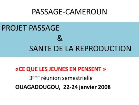 PASSAGE-CAMEROUN PROJET PASSAGE & SANTE DE LA REPRODUCTION «CE QUE LES JEUNES EN PENSENT » 3 eme réunion semestrielle OUAGADOUGOU, 22-24 janvier 2008.