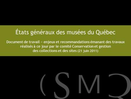 États généraux des musées du Québec Document de travail enjeux et recommandations émanant des travaux réalisés à ce jour par le comité Conservation et.