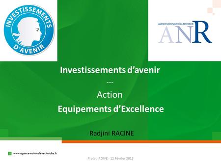 Investissements davenir --- Action Equipements dExcellence Projet IRDIVE - 12 Février 2013 Radjini RACINE.