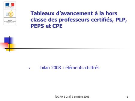 [DGRH B 2-3] 9 octobre 20081 Tableaux davancement à la hors classe des professeurs certifiés, PLP, PEPS et CPE bilan 2008 : éléments chiffrés.