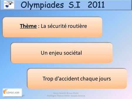 Olympiades S.I 2011 Thème : La sécurité routière Un enjeu sociétal
