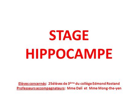 STAGE HIPPOCAMPE Elèves concernés: 25élèves de 3ème du collège Edmond Rostand Professeurs accompagnateurs: Mme Dali et Mme Mong-the-yen.