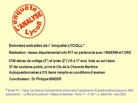 57 éts scolaires public, privé et Cfa de la Charente Maritime 3749 élèves de collège (3°) et lycée (2°) (15 à 17 ans) tirés au sort dans Données extraites.