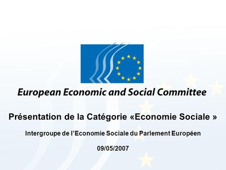 Présentation de la Catégorie «Economie Sociale » Intergroupe de lEconomie Sociale du Parlement Européen 09/05/2007.