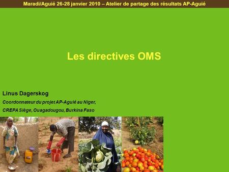 Les directives OMS Maradi/Aguié 26-28 janvier 2010 – Atelier de partage des résultats AP-Aguié Linus Dagerskog Coordonnateur du projet AP-Aguié au Niger,