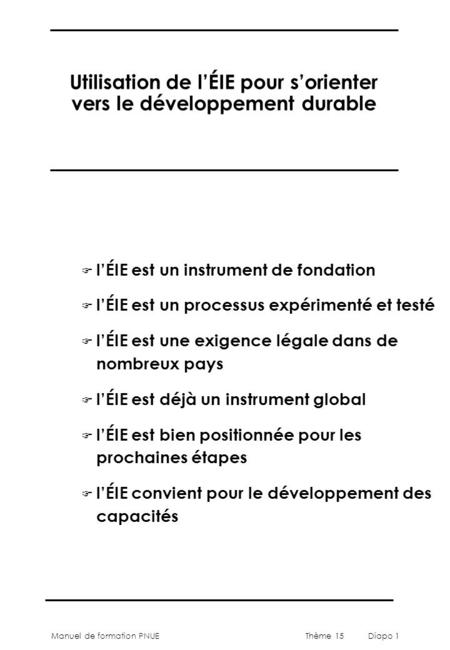 Manuel de formation PNUEThème 15 Diapo 1 Utilisation de lÉIE pour sorienter vers le développement durable F lÉIE est un instrument de fondation F lÉIE.