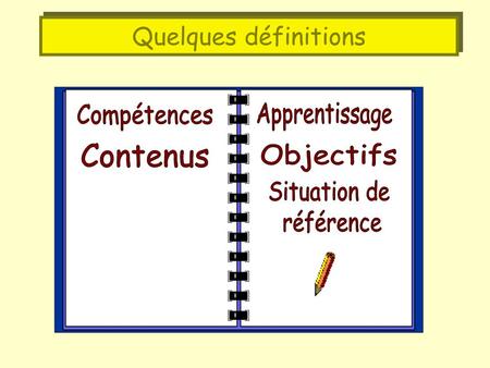 Quelques définitions Compétences Apprentissage Contenus Objectifs
