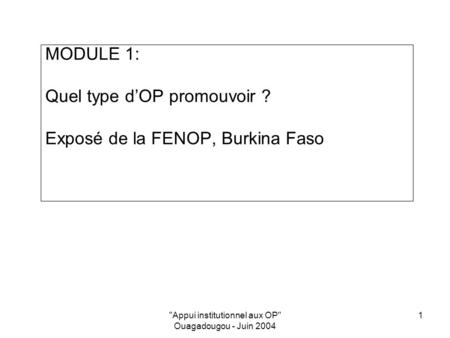 Appui institutionnel aux OP Ouagadougou - Juin 2004 1 MODULE 1: Quel type dOP promouvoir ? Exposé de la FENOP, Burkina Faso.