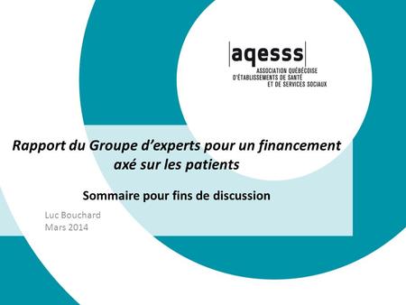 Rapport du Groupe dexperts pour un financement axé sur les patients Sommaire pour fins de discussion Luc Bouchard Mars 2014.