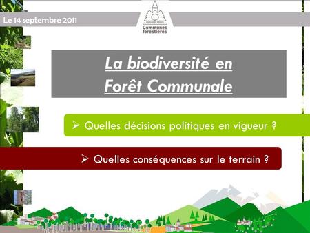 Le 14 septembre 2011 La biodiversité en Forêt Communale Quelles décisions politiques en vigueur ? Quelles conséquences sur le terrain ?