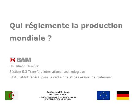 Qui réglemente la production mondiale ? Dr. Tilman Denkler Séction S.3 Transfert international technologique BAM Institut fédéral pour la recherche et.