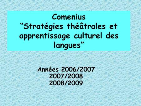 Comenius Stratégies théâtrales et apprentissage culturel des langues Années 2006/2007 2007/2008 2008/2009.