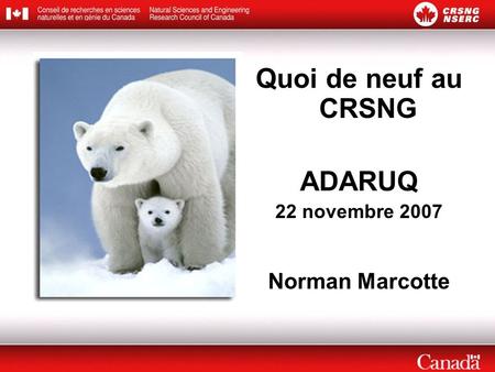 Quoi de neuf au CRSNG ADARUQ 22 novembre 2007 Norman Marcotte.