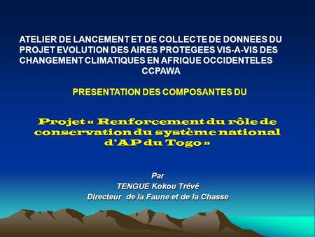 Par TENGUE Kokou Trévé Directeur de la Faune et de la Chasse Projet « Renforcement du rôle de conservation du système national dAP du Togo » ATELIER DE.