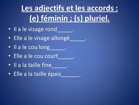 Les adjectifs et les accords : (e) féminin ; (s) pluriel.