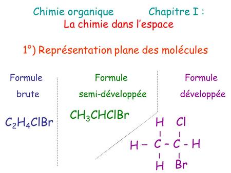 CH3CHClBr C2H4ClBr H Cl C – C - H H H Br Chimie organique Chapitre I :