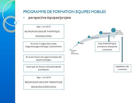 PROGRAMME DE FORMATION EQUIPES MOBILES perspective équipes/projets Sept – nov 2012 REUNION EN GROUPE THEMATIQUE SESSIONS INTRO Au moins 3 stages dans un.