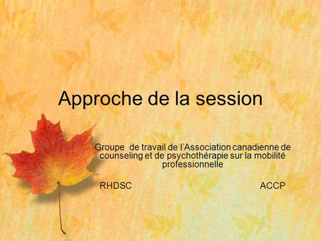 Groupe de travail de lAssociation canadienne de counseling et de psychothérapie sur la mobilité professionnelle RHDSCACCP Approche de la session.