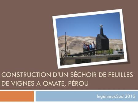 CONSTRUCTION DUN SÉCHOIR DE FEUILLES DE VIGNES A OMATE, PÉROU IngénieuxSud 2013.