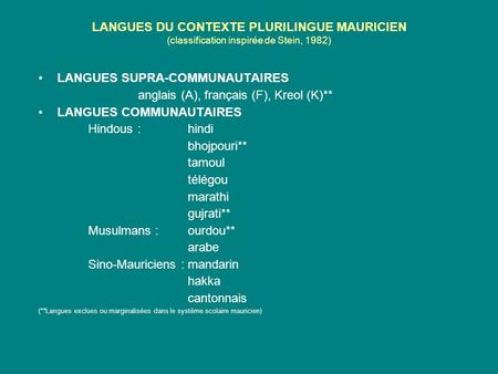 LANGUES DU CONTEXTE PLURILINGUE MAURICIEN (classification inspirée de Stein, 1982) LANGUES SUPRA-COMMUNAUTAIRES anglais (A), français (F), Kreol (K)**