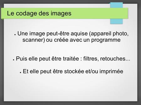 Le codage des images Une image peut-être aquise (appareil photo, scanner) ou créée avec un programme Puis elle peut être traitée : filtres, retouches...
