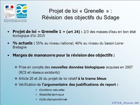 CTT VCB _ O9 janvier 2009 Projet de loi « Grenelle » : Révision des objectifs du Sdage Projet de loi « Grenelle 1 » (art 24) : 2/3 des masses deau en bon.