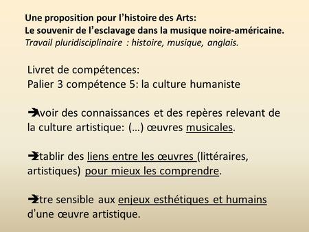 Livret de compétences: Palier 3 compétence 5: la culture humaniste