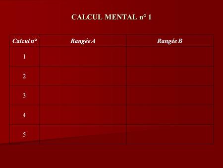 CALCUL MENTAL n° 1 Calcul n°Rangée ARangée B 1 2 3 4 5.