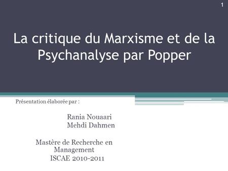 La critique du Marxisme et de la Psychanalyse par Popper
