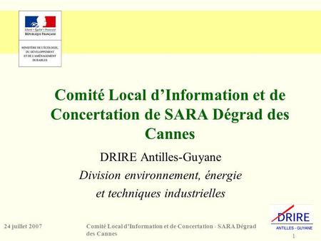 1 Comité Local dInformation et de Concertation - SARA Dégrad des Cannes 24 juillet 2007 Comité Local dInformation et de Concertation de SARA Dégrad des.