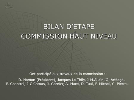 O.M.S commission haut niveau BILAN DETAPE COMMISSION HAUT NIVEAU Ont participé aux travaux de la commission : D. Hamon (Président), Jacques Le Thily, J-M.Allain,