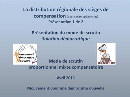 1 La distribution régionale des sièges de compensation (explications générales) Présentation 1 de 2 Présentation du mode de scrutin Solution démocratique.