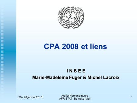 25 - 28 janvier 2010 Atelier Nomenclatures - AFRISTAT - Bamako (Mali) 11 CPA 2008 et liens I N S E E Marie-Madeleine Fuger & Michel Lacroix.