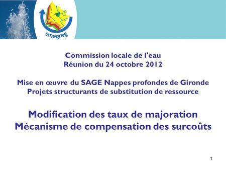 1 Commission locale de l'eau Réunion du 24 octobre 2012 Mise en œuvre du SAGE Nappes profondes de Gironde Projets structurants de substitution de ressource.