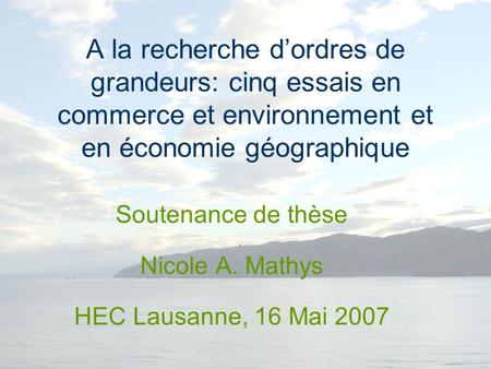 A la recherche dordres de grandeurs: cinq essais en commerce et environnement et en économie géographique Soutenance de thèse Nicole A. Mathys HEC Lausanne,