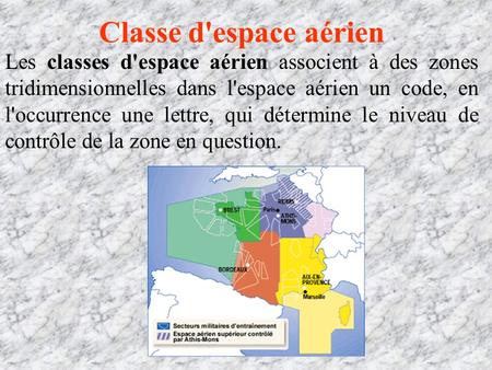 Classe d'espace aérien Les classes d'espace aérien associent à des zones tridimensionnelles dans l'espace aérien un code, en l'occurrence une lettre, qui.